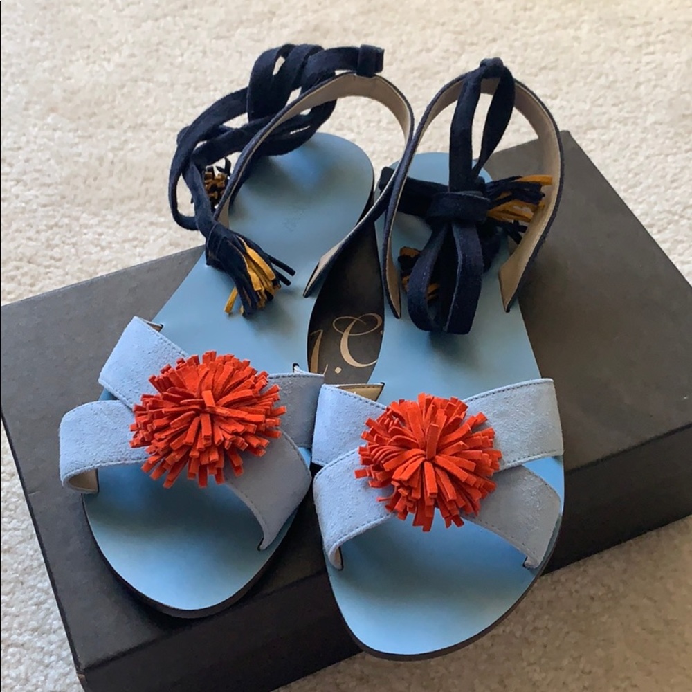 Euc J.Crew suede lace up pompom sandals